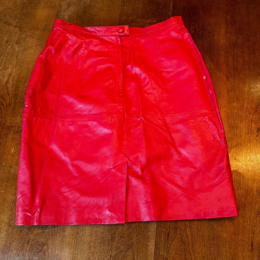 Vintage Styleworks Skirt Women 12 Red Leather Pencil Knee Length Solid Career